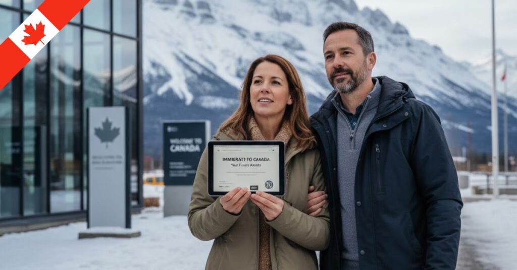 Pareja de 40 años feliz y profesional posando en Canadá frente a montañas nevadas, con bandera canadiense y certificado de inmigración