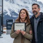 Pareja de 40 años feliz y profesional posando en Canadá frente a montañas nevadas, con bandera canadiense y certificado de inmigración